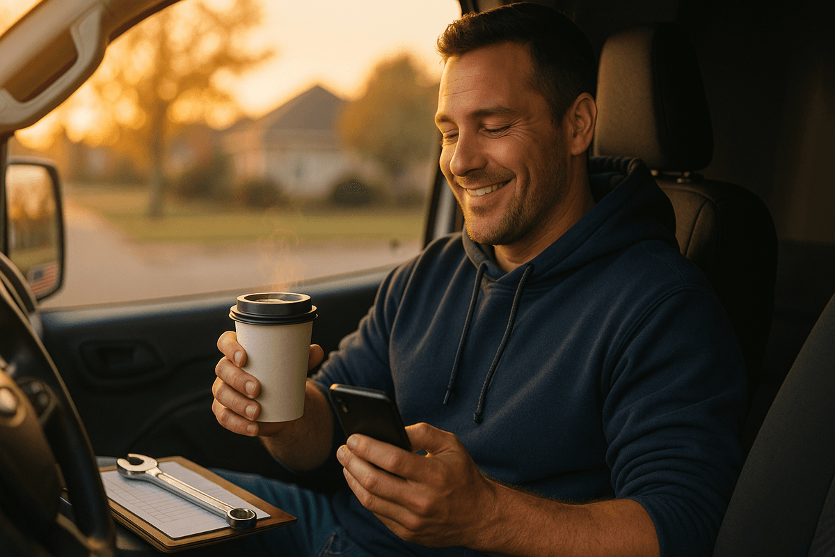 Professional plumber in truck at sunrise with coffee and phone